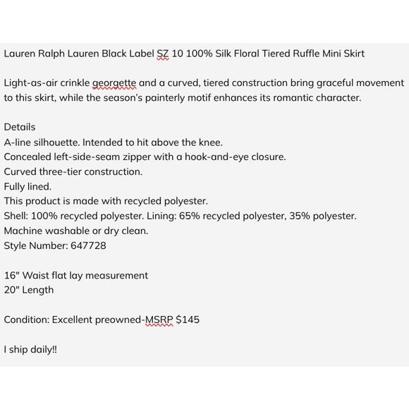 Lauren Ralph Lauren Black Label SZ 10 Floral Crinkle Georgette Tiered Skirt - Picture 6 of 6